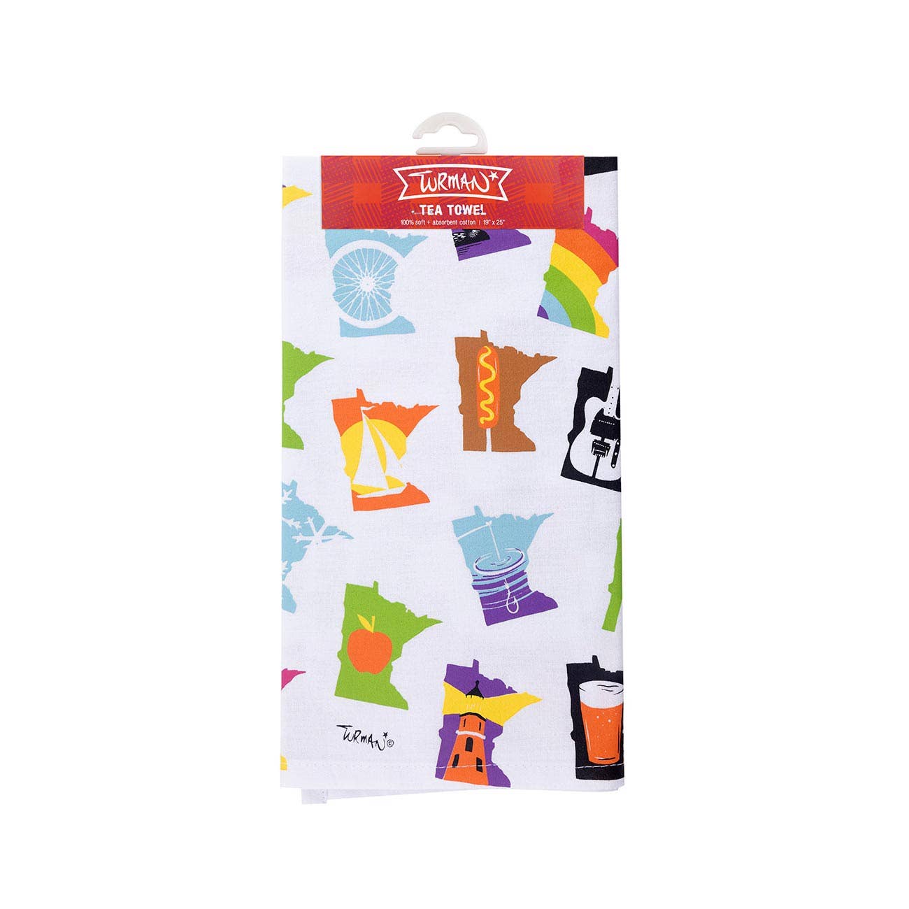 The Minnesota Months Tea Towel by Adam Turman features vibrant illustrations of Minnesota icons like a sailboat, lighthouse, and beer glass.