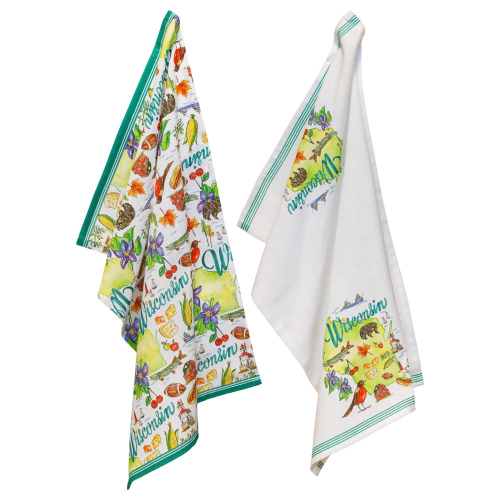 The Tea Towel: Wisconsin State with WI Icons Set of 2 includes two cotton towels with green trim, featuring Rosanne Beck's colorful illustrations of Wisconsin icons—state items, plants, and animals.