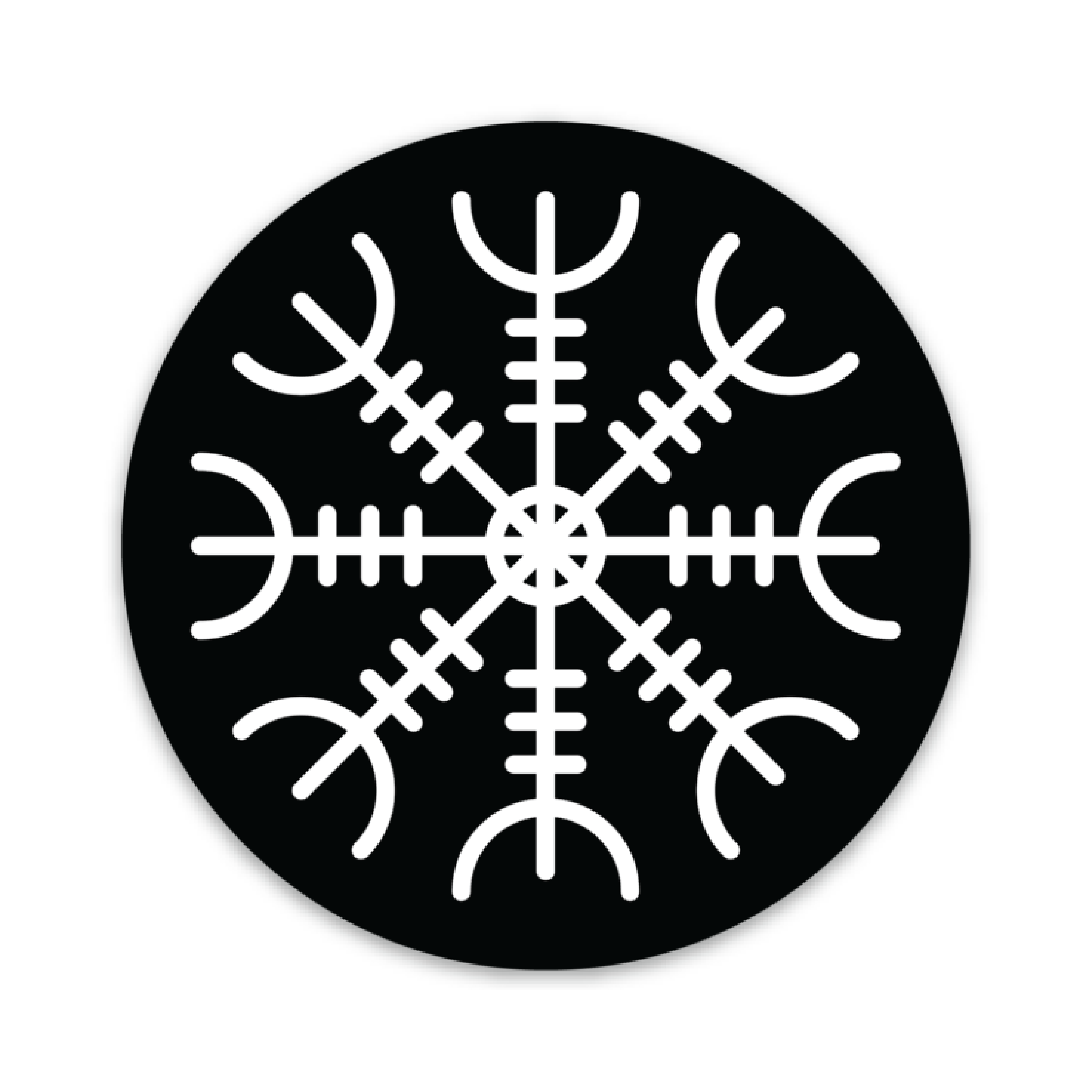 A bold Ægishjálmr Helm of Awe emblem, symbolizing protection, is prominently displayed on a black circular sticker.