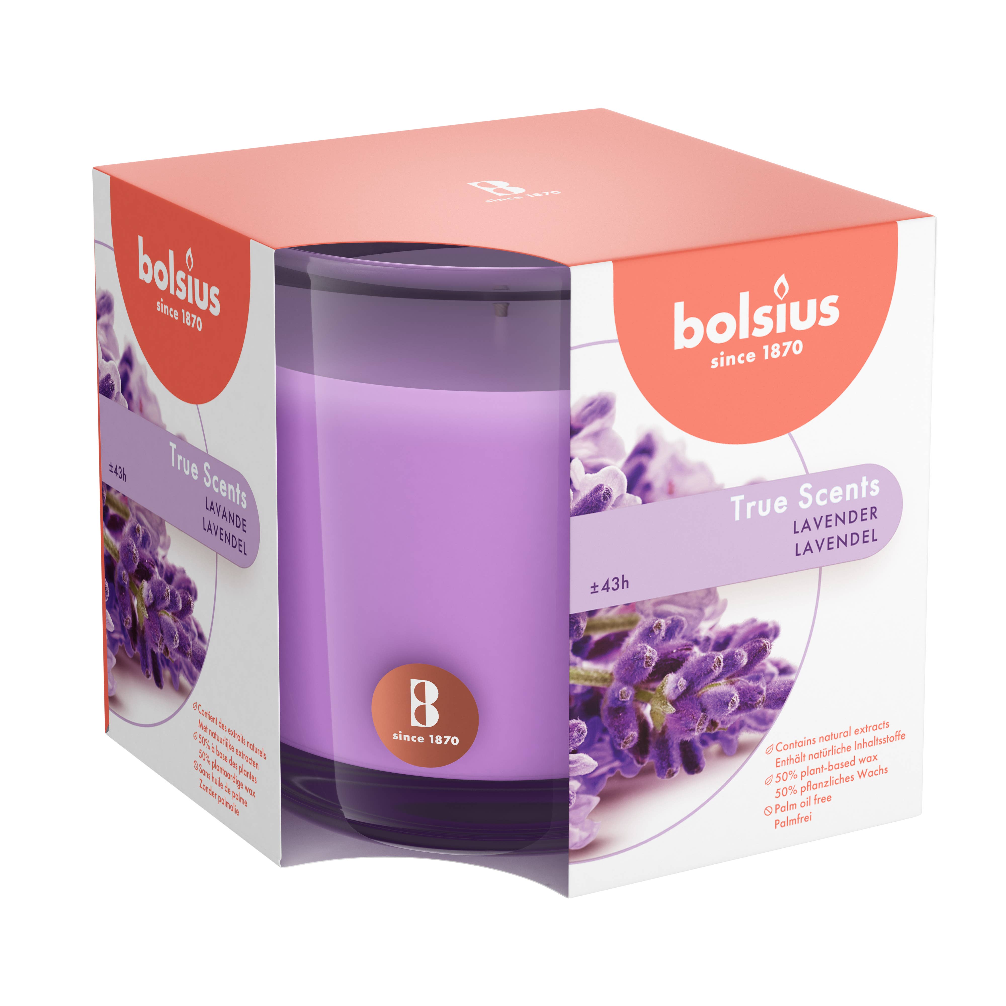 The Candle: Lavender Scented Candle - 3.75 x 3.75 Inches - 43 Hours comes in a Bolsius box, crafted with high-quality natural extracts and adorned with elegant lavender flowers on the packaging.