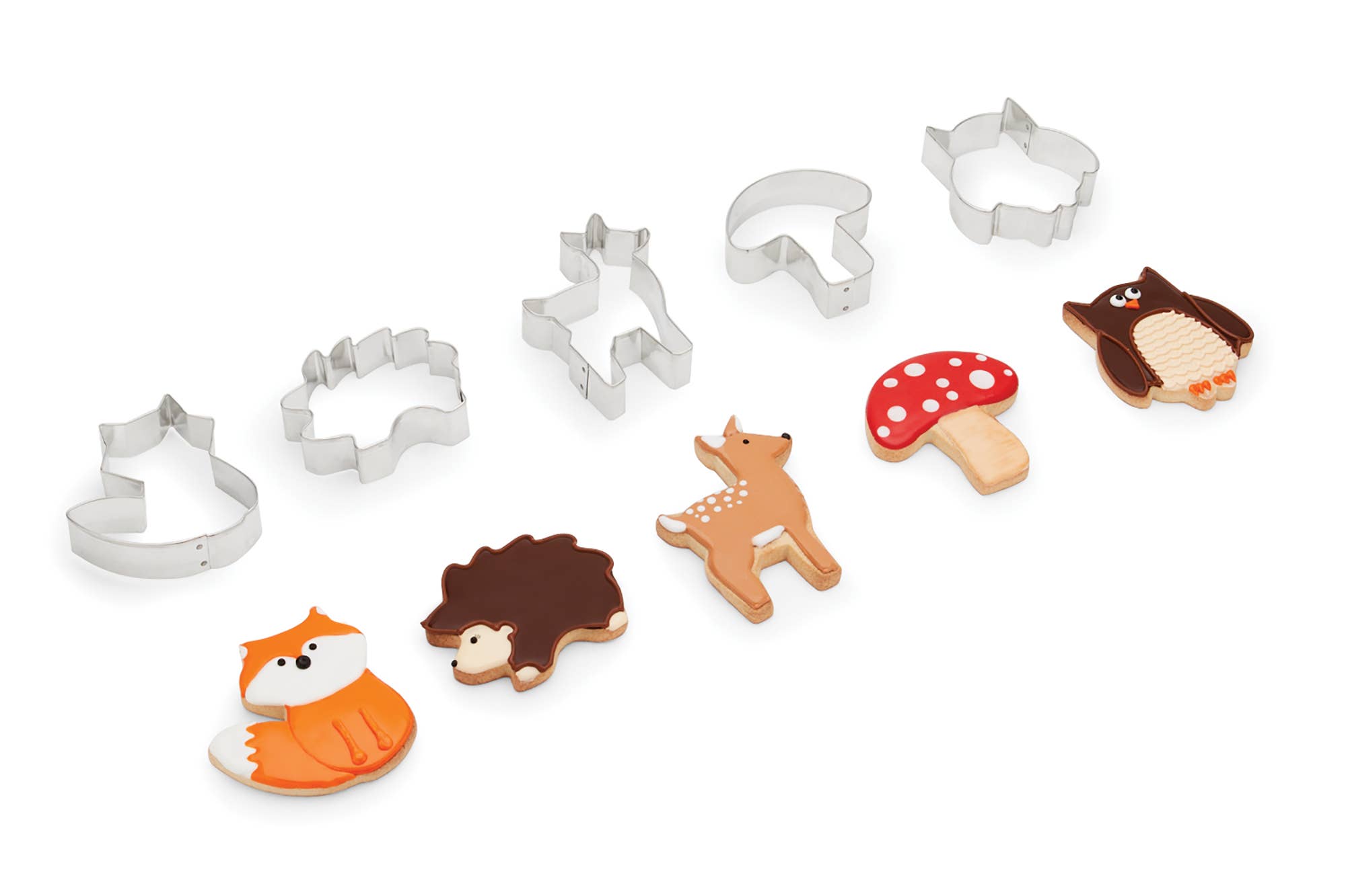 The Cookie Cutters: Woodland Animal Set of 5 offers enchanting stainless steel cutters in delightful shapes, perfect for crafting beautifully decorated cookies featuring a fox, hedgehog, deer, mushroom, and owl. With the Fox Cookie Cutter leading the collection, it's ideal for creating charming treats.