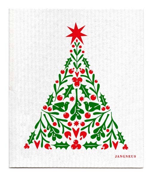 The Dish Cloth - Christmas Tree - Red features a charming design with green leaves and red berries on a white background, perfect for adding a touch of Scandinavian style to any holiday setting.