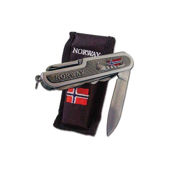 A pocket knife named "Knife: Viking Ship- Norway Flag w/Holder," with Norway engraved on it and featuring a Norwegian flag alongside a Viking ship, is positioned next to a black pouch that showcases the same flag design.