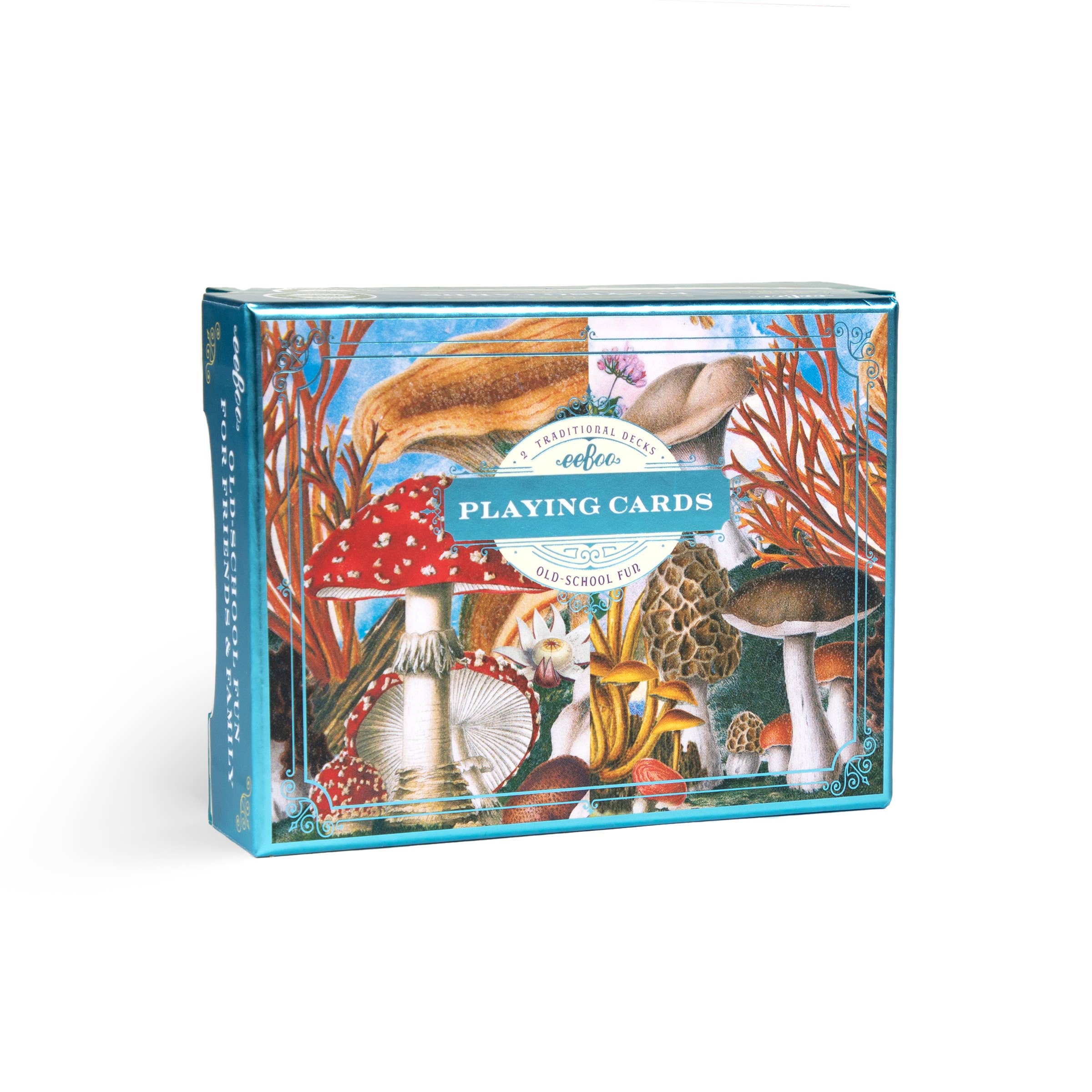 Explore the enchanting Mushroom Playing Cards box set, featuring two decks adorned with illustrated mushrooms and vibrant foliage. These playing cards are crafted from recycled materials and finished with metallic gilded edges for an elegant touch.