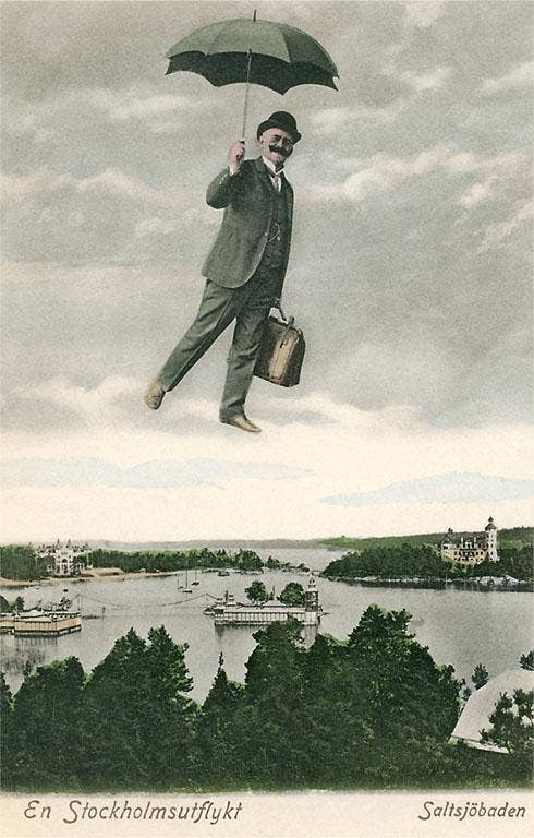 A man in a suit with an umbrella and briefcase hovers above the picturesque cityscape of Stockholm, Sweden in the vintage image style of the MF-452 postcard, encapsulating the timeless essence of yesteryear.