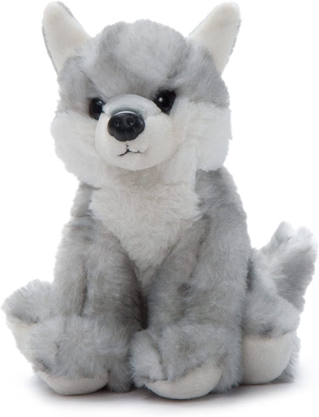 A 6-inch plush toy of a gray wolf sitting upright, made from recycled materials.