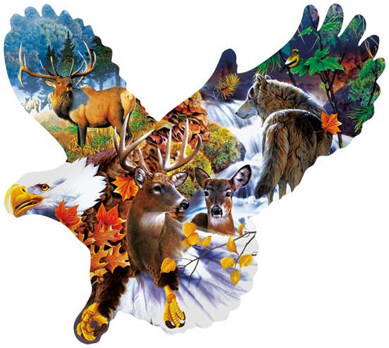 Introducing the "Puzzle: Forest Eagle - Shaped Jigsaw (1,000 Pieces)," a breathtaking masterpiece showcasing Jerry Gadamus art. This intricate puzzle features a collage of wildlife—including deer, a wolf, and a waterfall—artfully arranged to create the silhouette of a majestic soaring eagle.