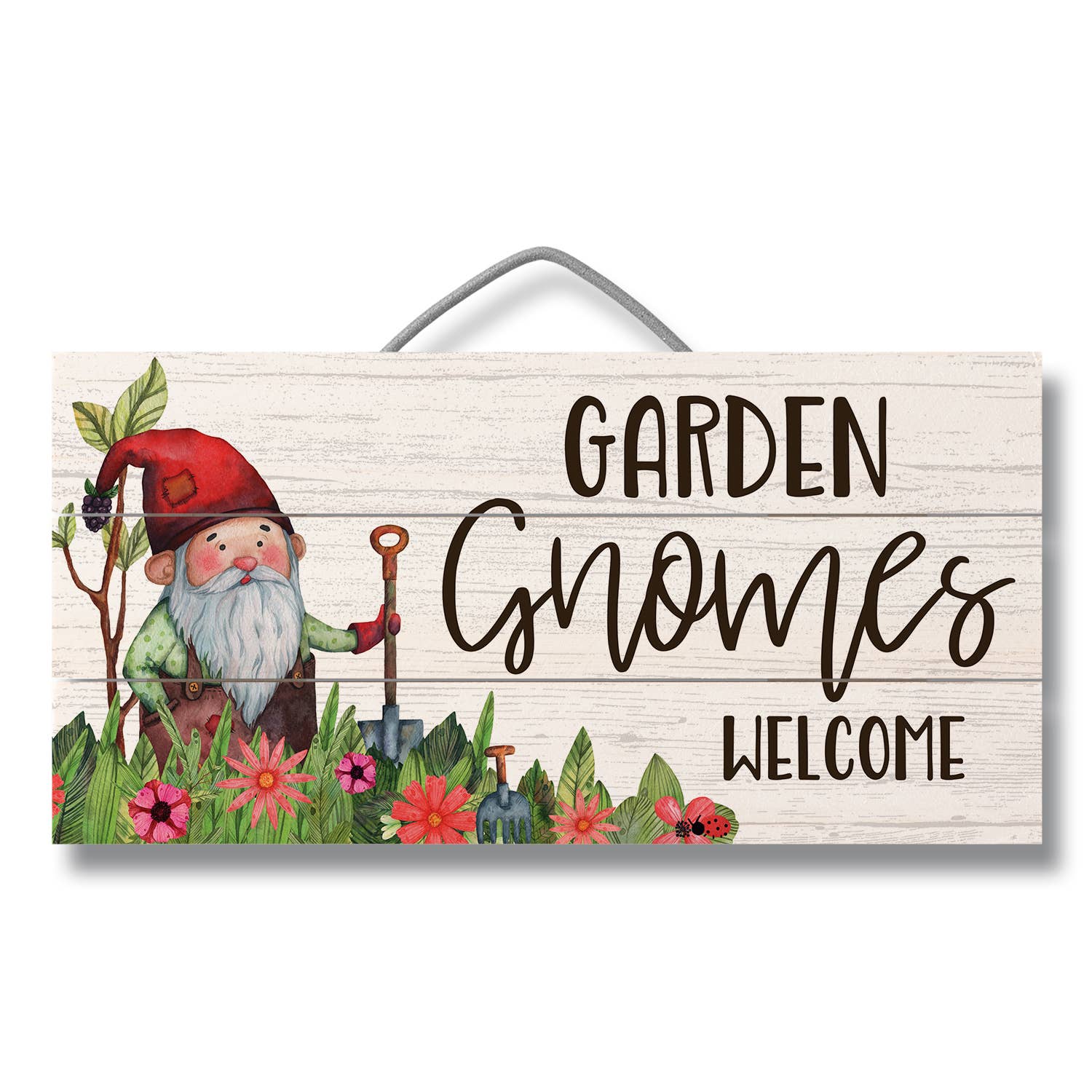 The Garden Gnomes Decorative Slatted Pallet Wood Sign, measuring 12" by 6", features a charming design of a gnome with a spade surrounded by vibrant flowers, accompanied by the welcoming text "Garden Gnomes Welcome," perfect for enhancing your rustic home decor.