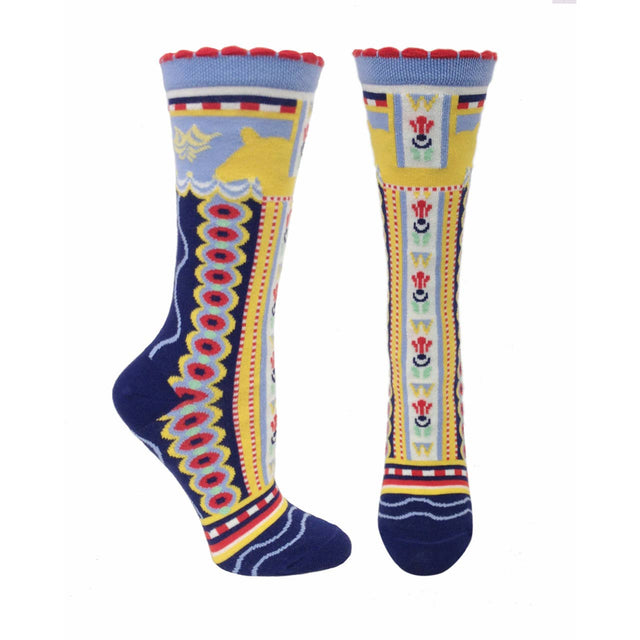 Ozone Womens Dala Horse Blue socks feature a Scandinavian-inspired design with blue, yellow, red, and white geometric and floral patterns, scalloped red trim, and contrasting heel/toe accents.