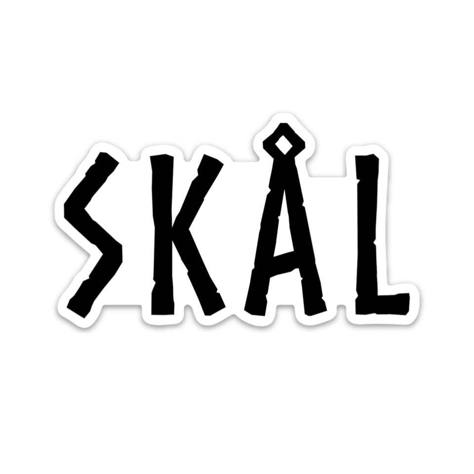 The image showcases the word SKÅL in bold, stylized black letters on a white background, resembling a Skål Viking Sticker. This design is fade resistant and weather-proof, guaranteeing its durability in any condition.