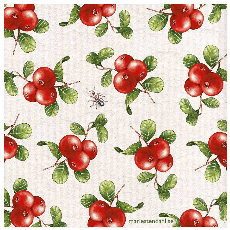 The Dish Cloth: Lingonberries by Marie Stendahl showcases a delightful pattern of red berries with green leaves scattered on a light background, featuring a subtle ant near the center. This design exudes the charm of Swedish dishcloths and promotes eco-friendly, biodegradable materials for your home.