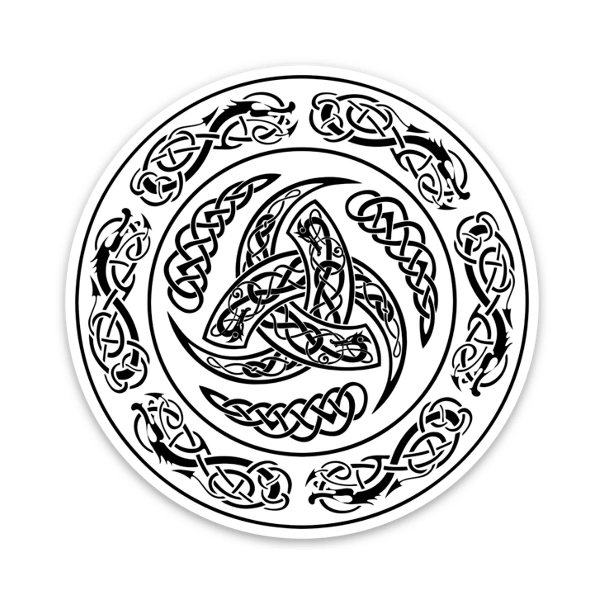 Featuring an intricate interwoven black Celtic knot design set against a white background, this Viking Shield Sticker is crafted from premium quality vinyl to withstand various weather conditions while retaining its captivating look.