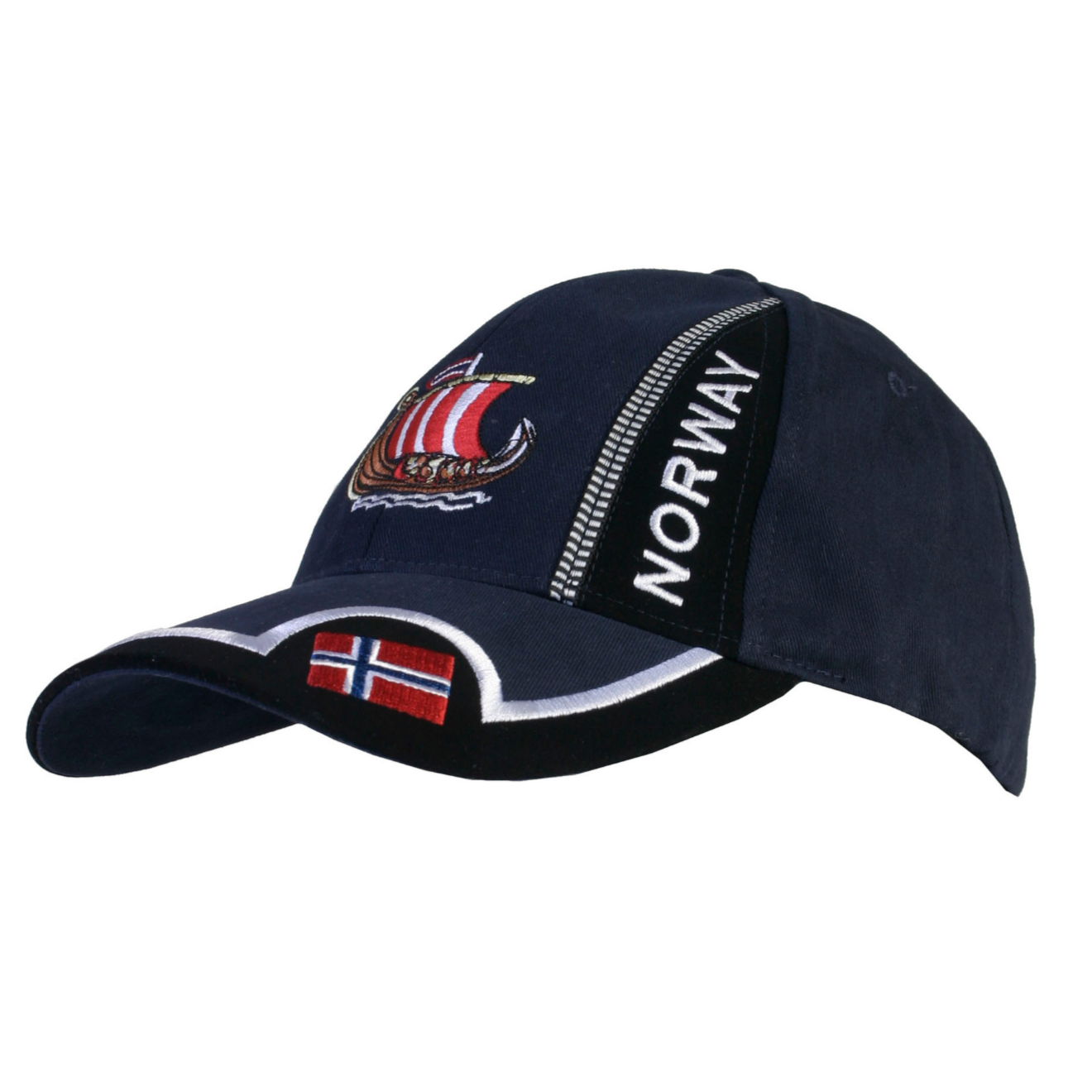 A Norway Baseball Cap with a navy blue color design that celebrates Scandinavian heritage, featuring the NORWAY text, an intricately embroidered Viking ship, and a prominently displayed Norwegian flag on the brim.