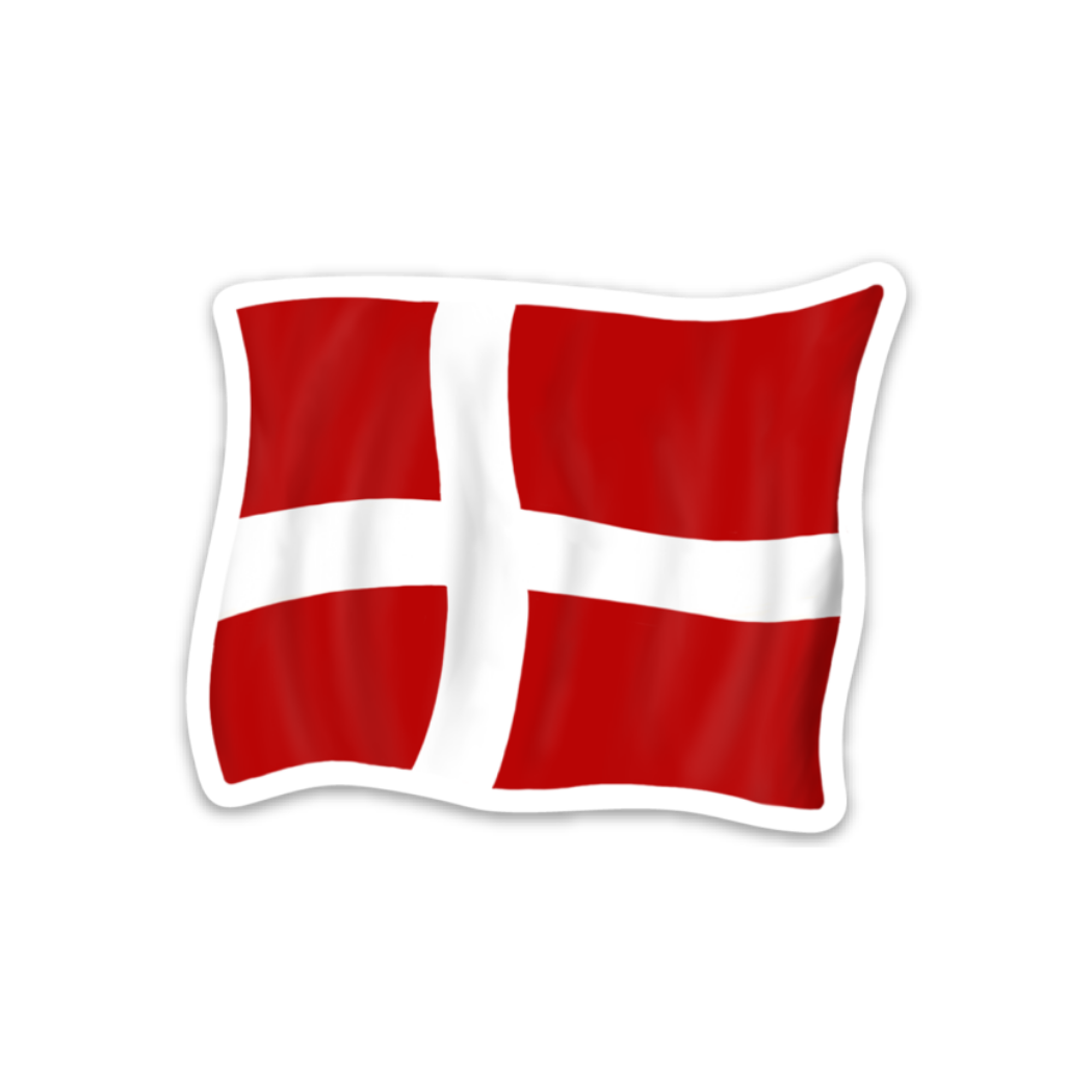 The image shows the Flag of Denmark waving, with its iconic red background and white cross, making it an ideal design for the "Flag of Denmark - Sticker" to be applied vibrantly on water bottles.