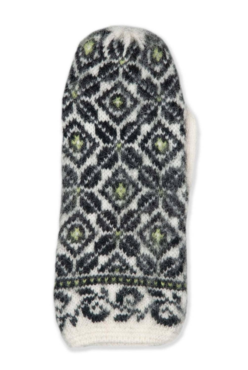 The Moliden Knitted Black mitten, crafted with Shetland wool, features a striking black, white, and green geometric Nordic pattern by Börjesson Handskar.