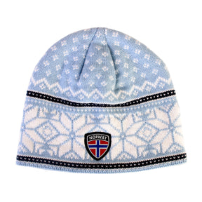A light blue acrylic knit beanie from the Rock Expedition collection featuring geometric patterns and a Norway patch with a red, white, and blue shield.