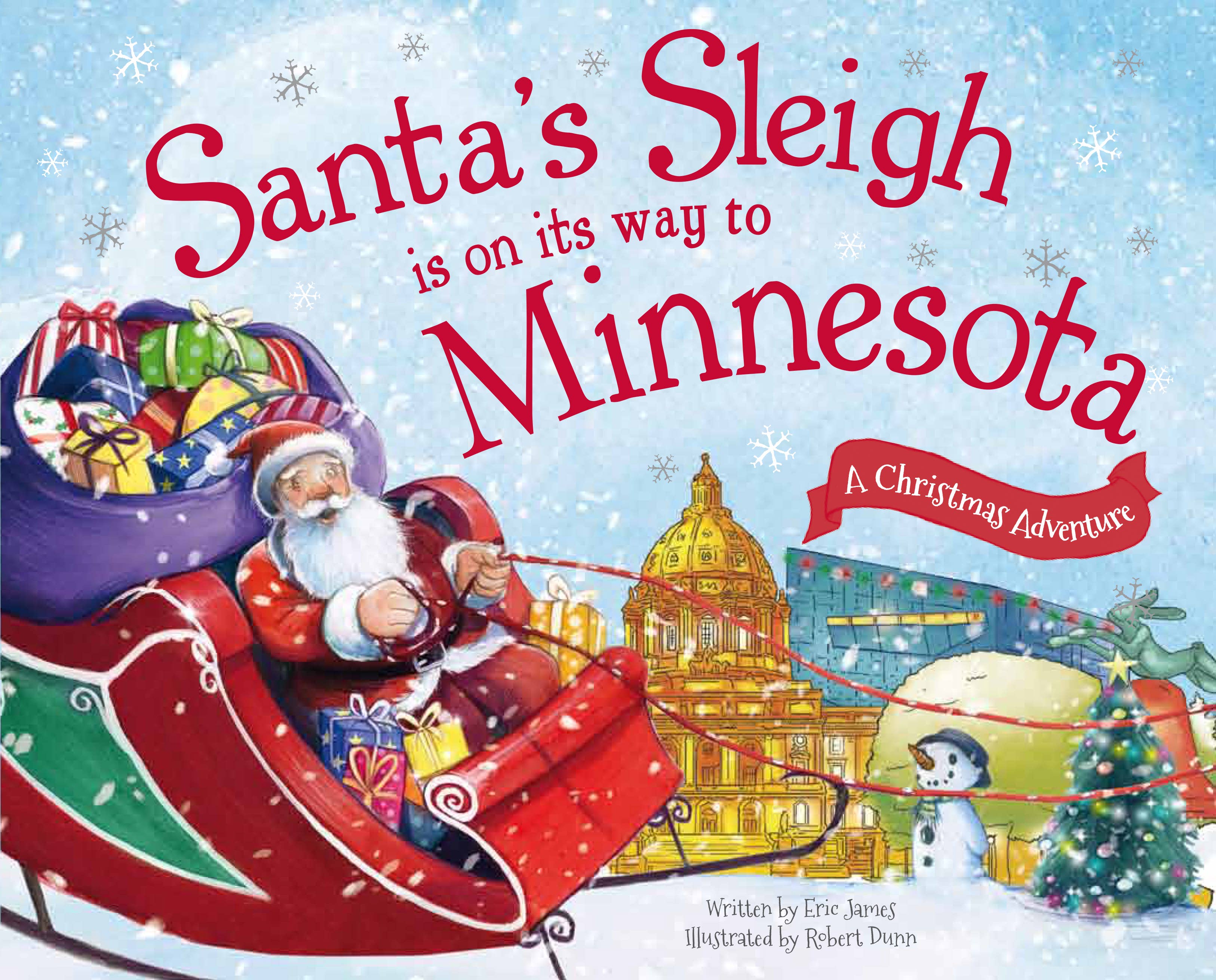 Illustrated cover of a picture book depicting Santa in a sleigh brimming with gifts against a snowy scenery. The text displays: "Book: Santa's Sleigh Is on Its Way to Minnesota," encapsulating the charm of an enchanting Christmas tale.