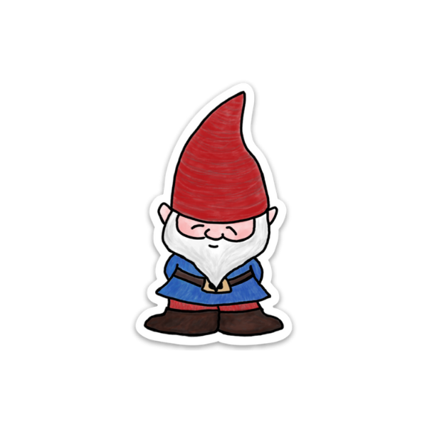 The Sticker: Gnome features a cartoon gnome in a red hat, white beard, and blue and red outfit with brown shoes, creating a durable vinyl sticker ideal for decorating water bottles.