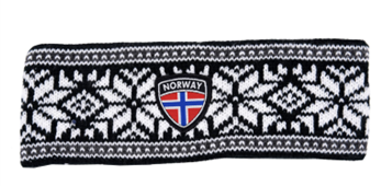 Nordic winter headband featuring a black acrylic design, beautifully showcasing a snowflake pattern alongside an emblem with the Norwegian flag.