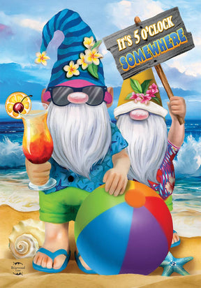 Flag: Its 5 oclock somewhere! - Summer Gnomes Garden Flag features two gnomes on a beach, one with a tropical drink and beach ball, the other with a festive sign, set against an ocean and sky backdrop.