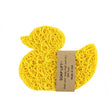 Soap Lift: Soap Saver Duck - Yellow is a duck-shaped soap lift made from interwoven yellow bioplastic strands with a brown paper label around the center.