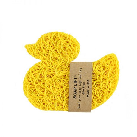 Soap Lift: Soap Saver Duck - Yellow is a duck-shaped soap lift made from interwoven yellow bioplastic strands with a brown paper label around the center.
