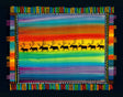 The 11x14 framed print Sami Reindeer by Heidi Lange showcases colorful artwork of eight silhouetted reindeer lined up against a vivid, striped rainbow background, bordered with dots and lines, beautifully capturing the imagination.