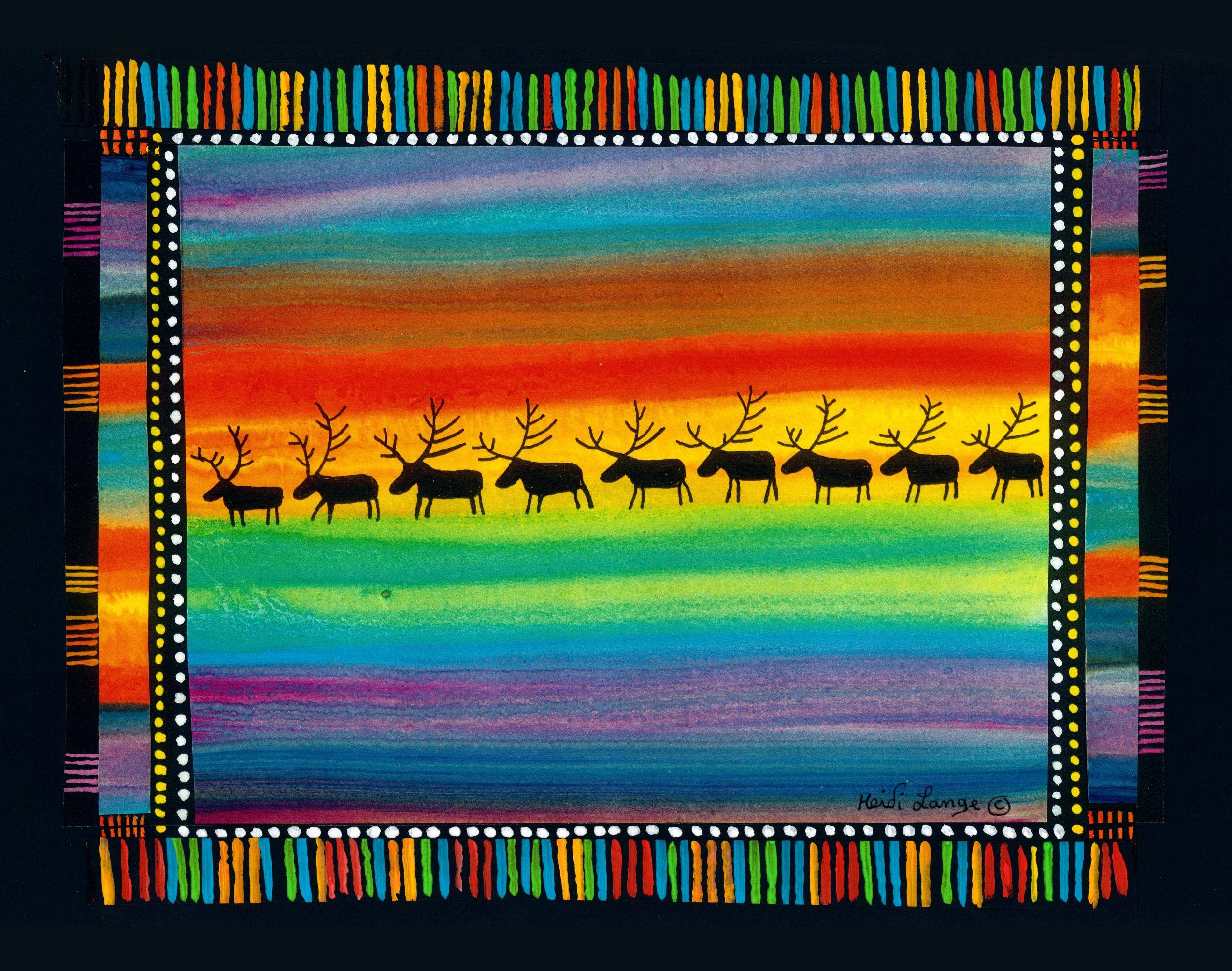 Vivid artwork titled "Sami Reindeer" measuring 11"x14", features silhouetted reindeer against a lively rainbow backdrop, complete with a dotted border and vertical stripes, reminiscent of Heidi Lange's framed art style.