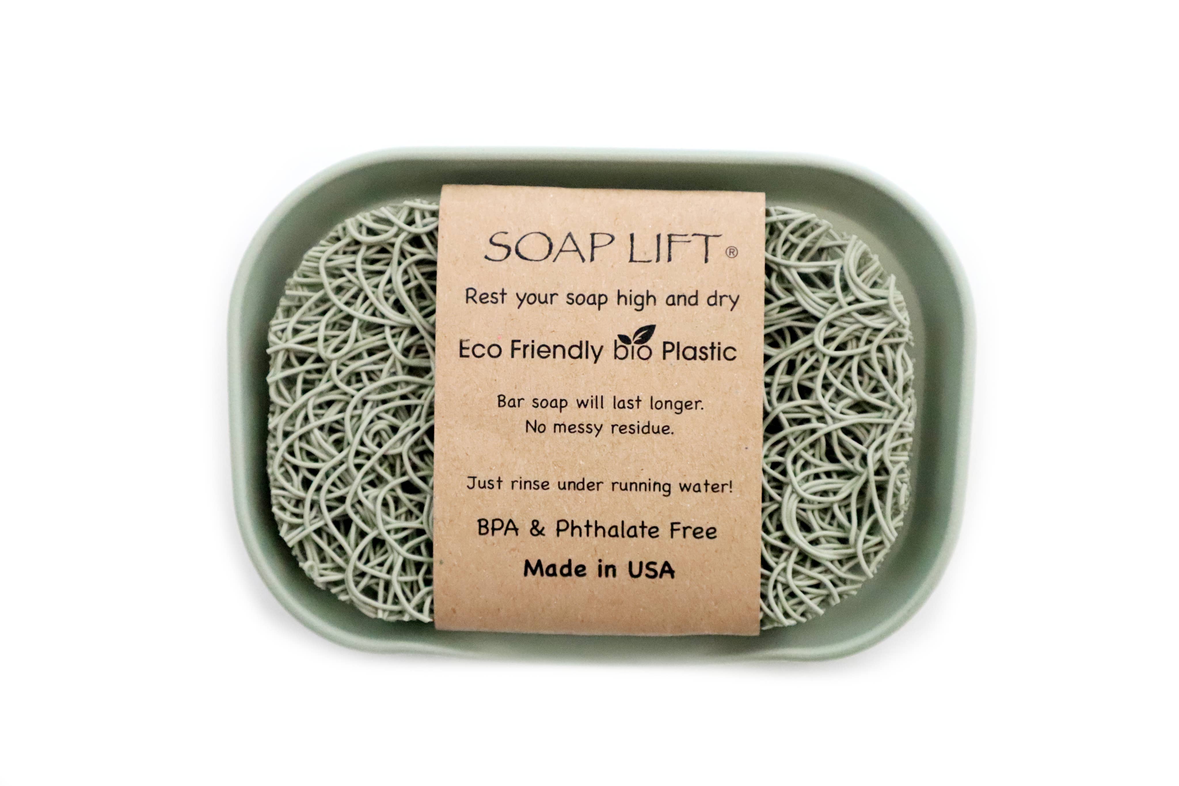 The Soap Dish & Lift: Waterfall Dish Set w/ Soap Saver, crafted in the USA from recyclable bio plastic, offers a green solution to keep your soap elevated, fresh, and long-lasting.