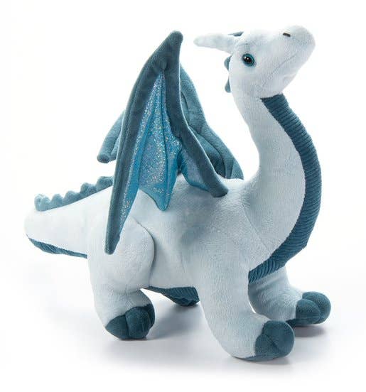 The Plush: Ice Dragon 18", crafted from recycled water bottles, boasts dazzling blue wings and a white underbelly. Designed with a friendly expression, this stuffed animal sits upright, eagerly awaiting imaginative adventures.