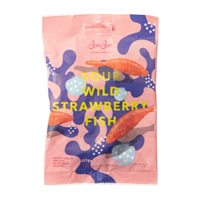 A 150g (5.2oz) bag of Bon Bon Sour Wild Strawberry Fish vegan candy with colorful abstract designs and red candy fish featured on the pink packaging.