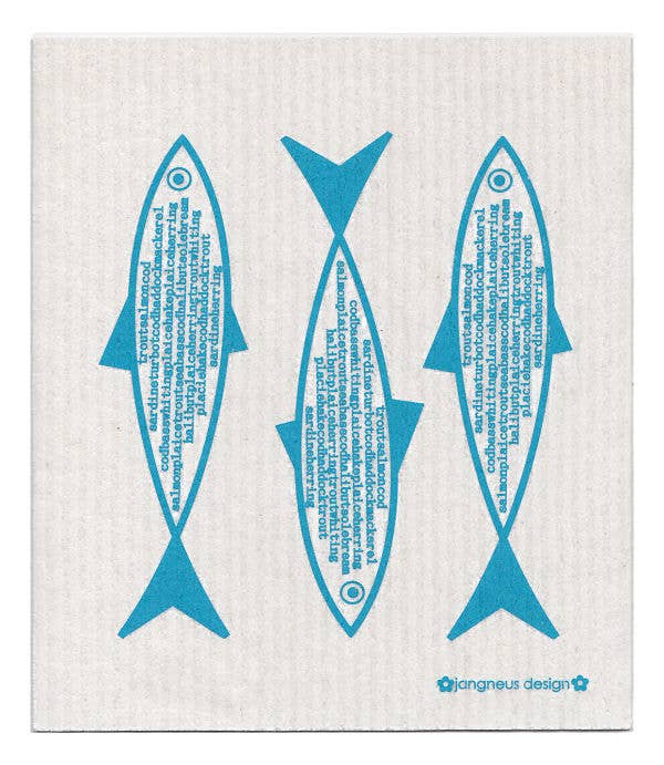 A trio of turquoise fish illustrations on a textured white background, reminiscent of the "Dish Cloth: Fish - Turquoise," each filled with overlapping text.