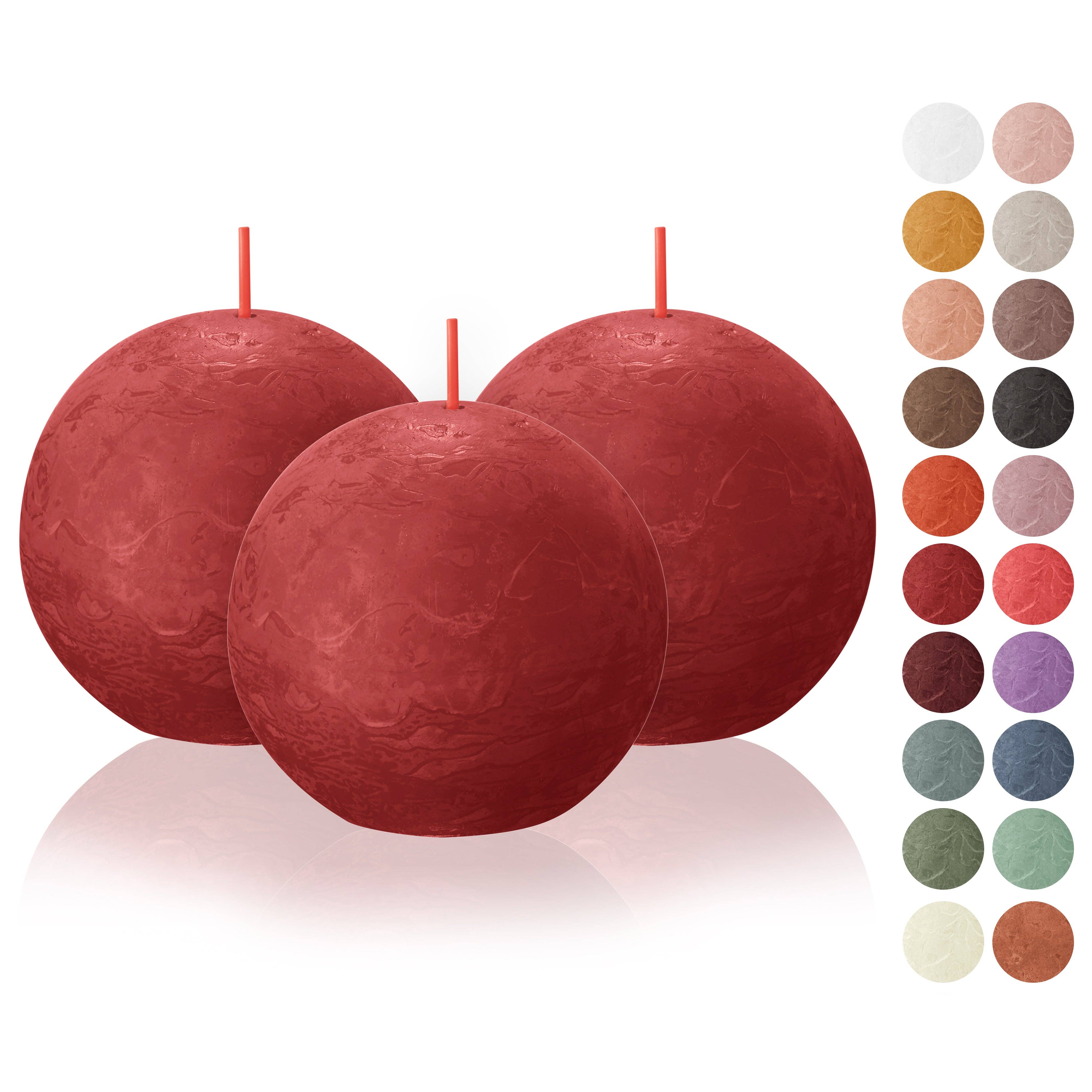 Three Delicate Red Rustic 3" Ball Candles are shown in front of 20 small circles, each representing a different color option available for this unscented candle style.