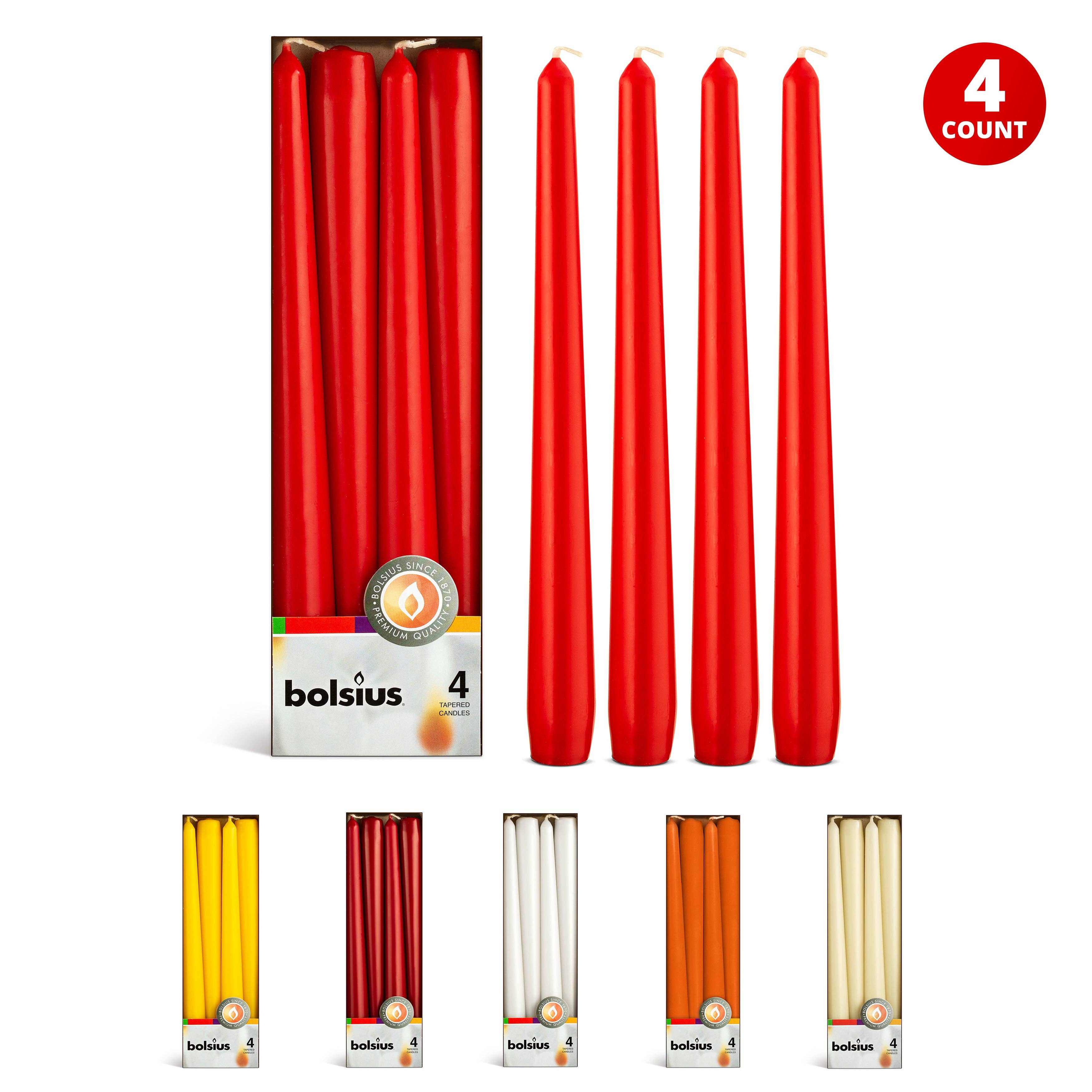 The Candles: Red Tall 10 Inch Taper Candles 4 Pack - Colored Unscented Taper Candles, crafted from high-quality paraffin wax, are presented with their packaging. Additional boxed sets of unscented taper candles in yellow, white, orange, and beige are shown below.