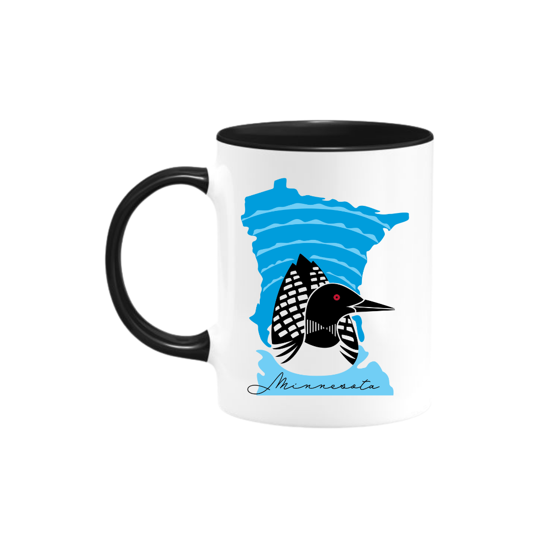 This Mugs: Minnesota Loon by Cindy Lindgren showcases a stunning loon set against a blue outline of Minnesota, elegantly inscribed with "Minnesota" below. The black handle provides a contrasting accent to the white mug, making it an ideal keepsake for fans of the Minnesota Loon.