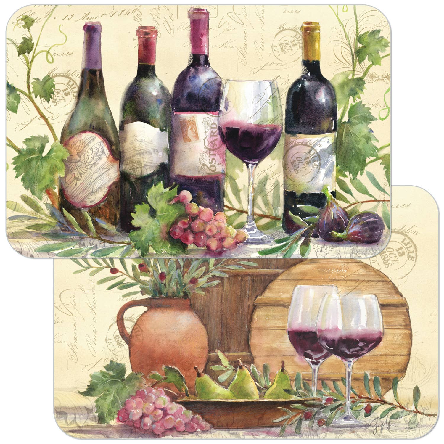 The Rustic Wine Reversible Rectangular Plastic Placemat, featuring a scene of bottles, filled glasses, grapes, figs, and leaves against a parchment-like background, exudes timeless charm.