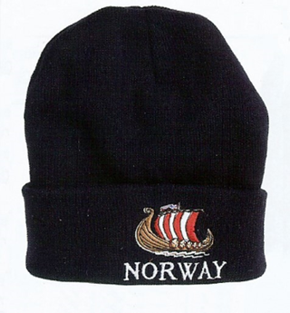 The navy knit beanie, named Hat: Embroidered Norway, showcases NORWAY elegantly stitched below a striking Viking ship design, making it ideal for chilly days.