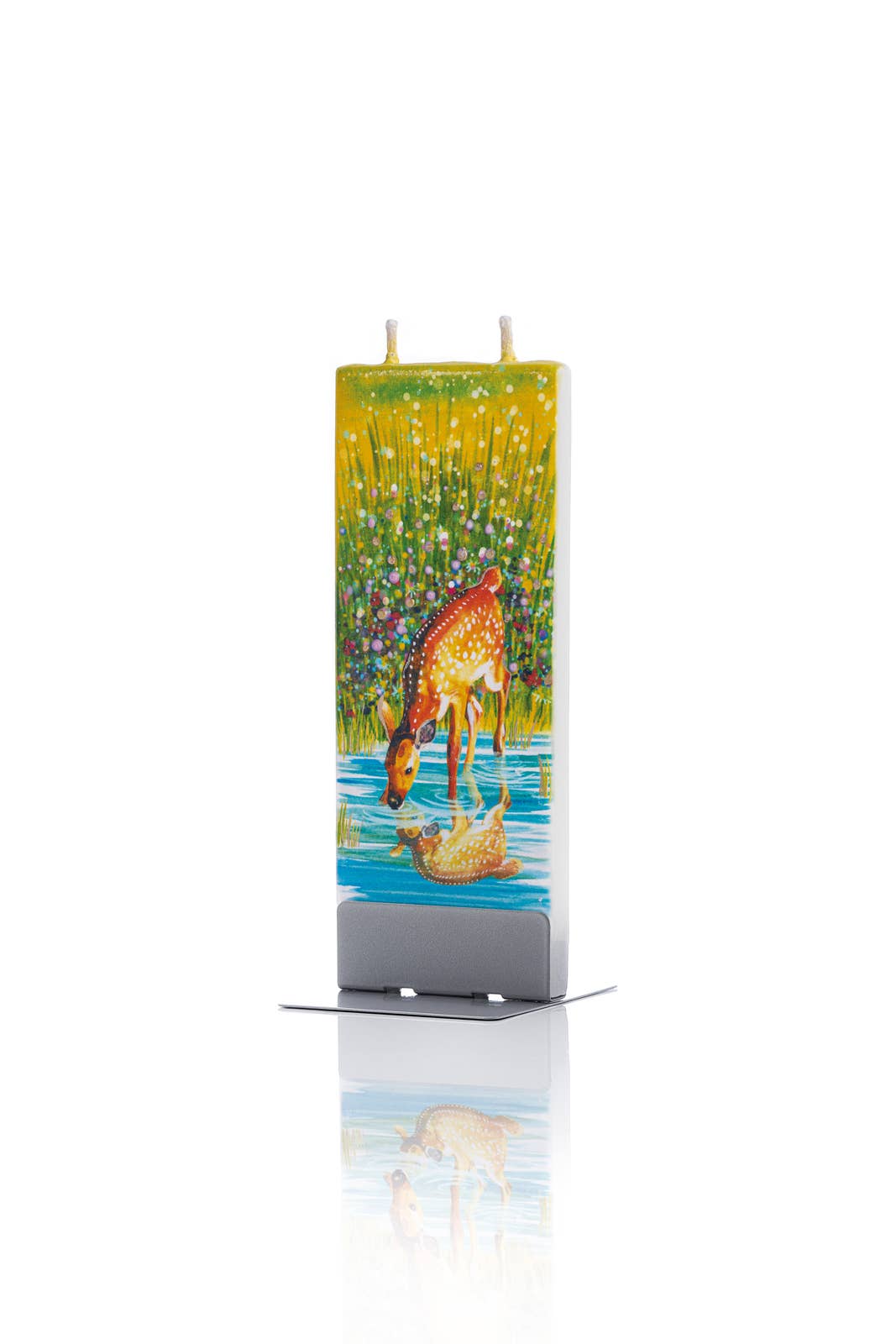 The Candle: Deer in Meadow Pond - Flat Candle is a hand-crafted rectangular piece featuring a painted scene of a fawn and duck by a pond, surrounded by grass and flowers. Equipped with twin wicks for even burning, it brings rustic charm to any room.