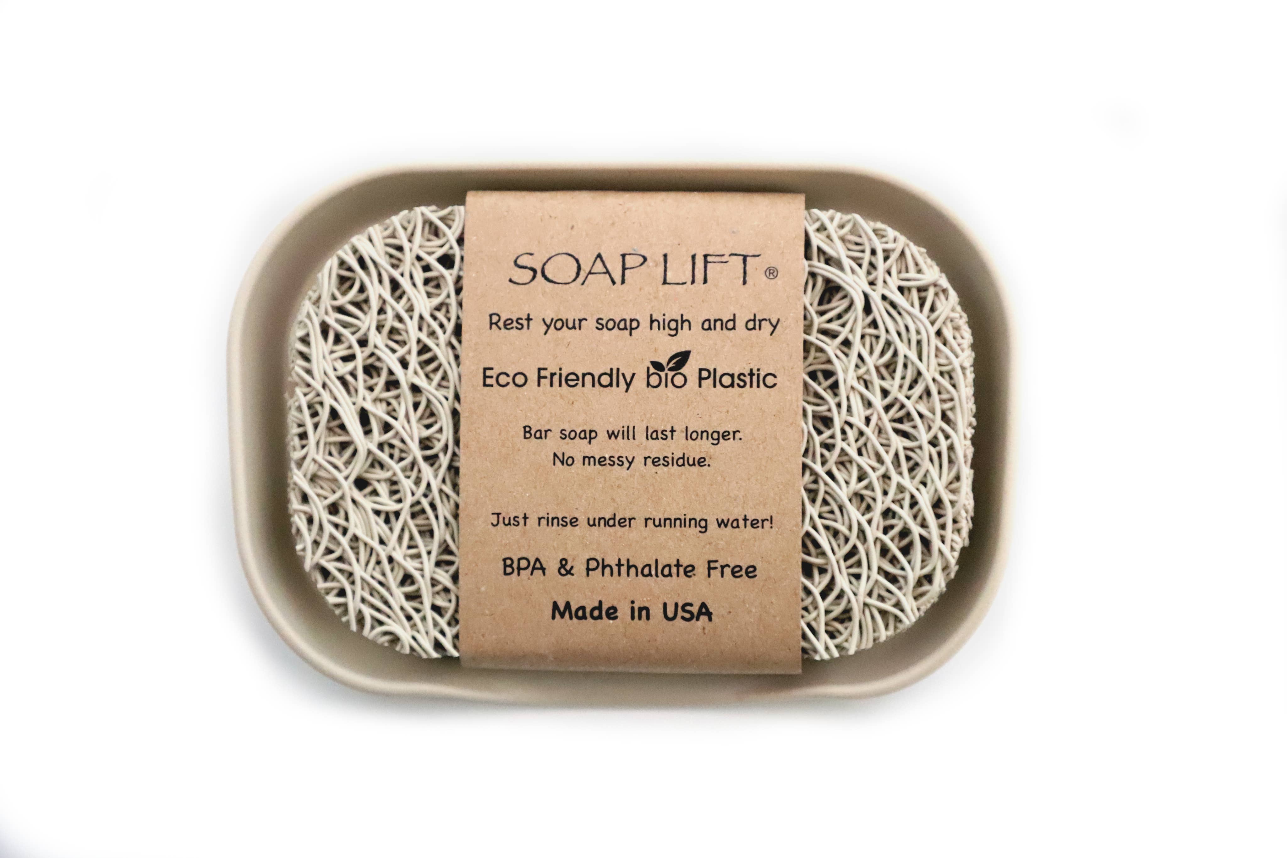 The Soap Dish & Lift: Waterfall Dish Set w/ Soap Saver includes a beige soap dish and eco-friendly, recyclable soap lift made from BPA- and phthalate-free bio plastic. Proudly made in the USA, this set elevates your soap while promoting sustainability.
