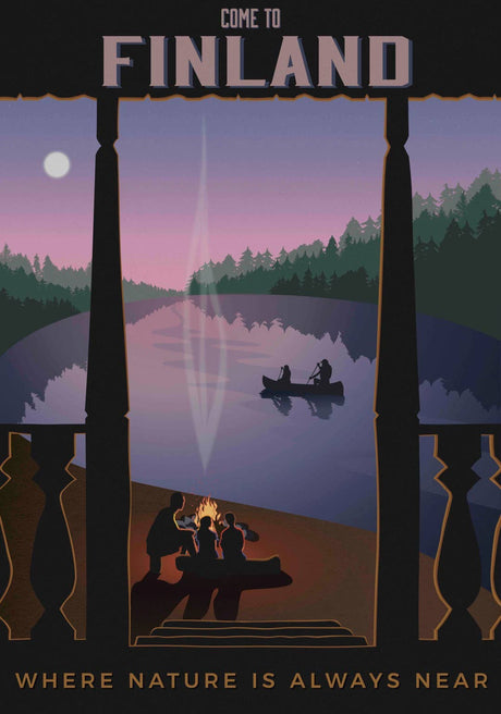 Discover the enchanting Poster: Where Nature is Always Near - Come to Finland (50 x 70cm), depicting a serene lakeside scene complete with a canoe and campfire beneath a twilight sky. Adorned with the inviting message "Come to Finland, where nature is always near," this artwork by Hubregtse is printed on FSC-certified paper and arrives in an elegant poster tube to kindle your wanderlust.
