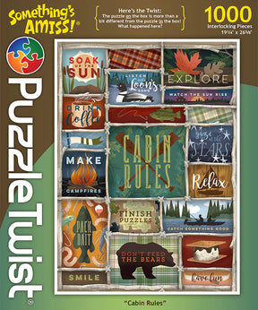 Explore surprising turns with the PuzzleTwist: Cabin Rules (1,000 Pieces) jigsaw puzzle. This puzzle set showcases captivating cabin-themed artwork and phrases such as "Soak Up the Sun" and "Drink Coffee," providing an enjoyable challenge for all puzzle fans.