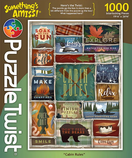 Explore surprising turns with the PuzzleTwist: Cabin Rules (1,000 Pieces) jigsaw puzzle. This puzzle set showcases captivating cabin-themed artwork and phrases such as "Soak Up the Sun" and "Drink Coffee," providing an enjoyable challenge for all puzzle fans.