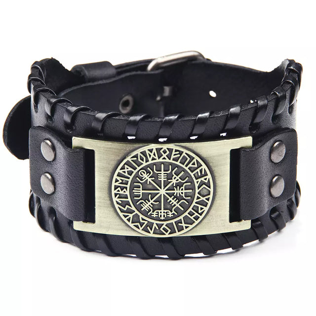 The Bracelet: The Viking Compass Vegvisir features black leather with braided edges, metal rivets, and a central rectangular plate showcasing the Norse Vegvisir runic compass—an eye-catching piece of Norse mythology jewelry.