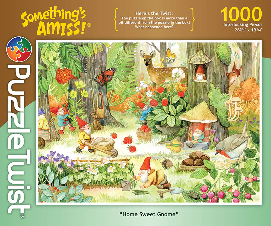 The PuzzleTwist Home Sweet Gnome 1000-piece puzzle by Mirka Hokkanen features charming gnomes and woodland creatures in a lush garden, all illustrated in her unique Scandinavian style.