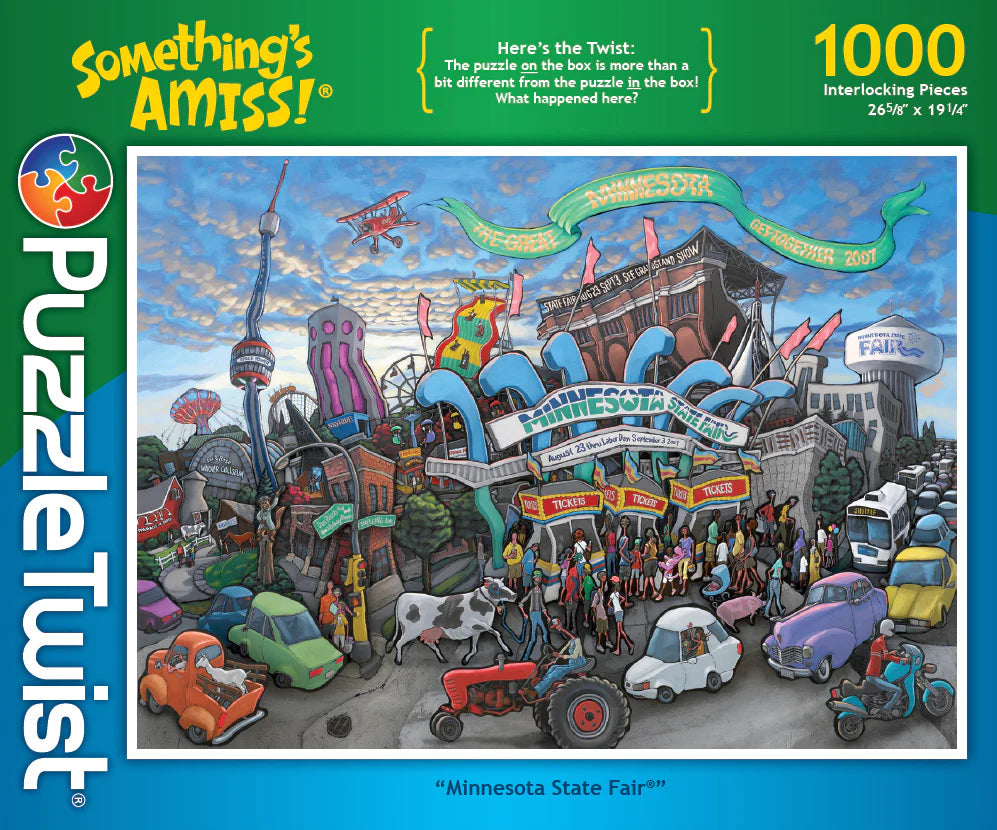 The Maynards Puzzle: Minnesota State Fair (1,000 Pieces) PuzzleTwist Something's Amiss! features a colorful illustrated box depicting a lively scene at the Minnesota State Fair, complete with animals, crowds, rides, and blue ribbons. A banner proclaims “Minnesota State Fair,” whimsical details fill the sky, and the box highlights “Something’s Amiss!”—a playful nod to this unique Michael Birawer jigsaw puzzle.