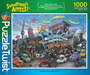 The Maynards Puzzle: Minnesota State Fair (1,000 Pieces) PuzzleTwist Something's Amiss! features a colorful illustrated box depicting a lively scene at the Minnesota State Fair, complete with animals, crowds, rides, and blue ribbons. A banner proclaims “Minnesota State Fair,” whimsical details fill the sky, and the box highlights “Something’s Amiss!”—a playful nod to this unique Michael Birawer jigsaw puzzle.