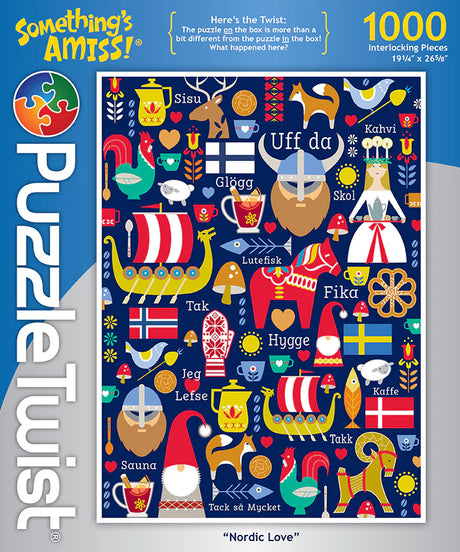 Explore the vibrant Nordic Love PuzzleTwist by Cindy Lindgren, a 1,000-piece masterpiece featuring Scandinavian imagery with vikings, flags, animals, and traditional foods.
