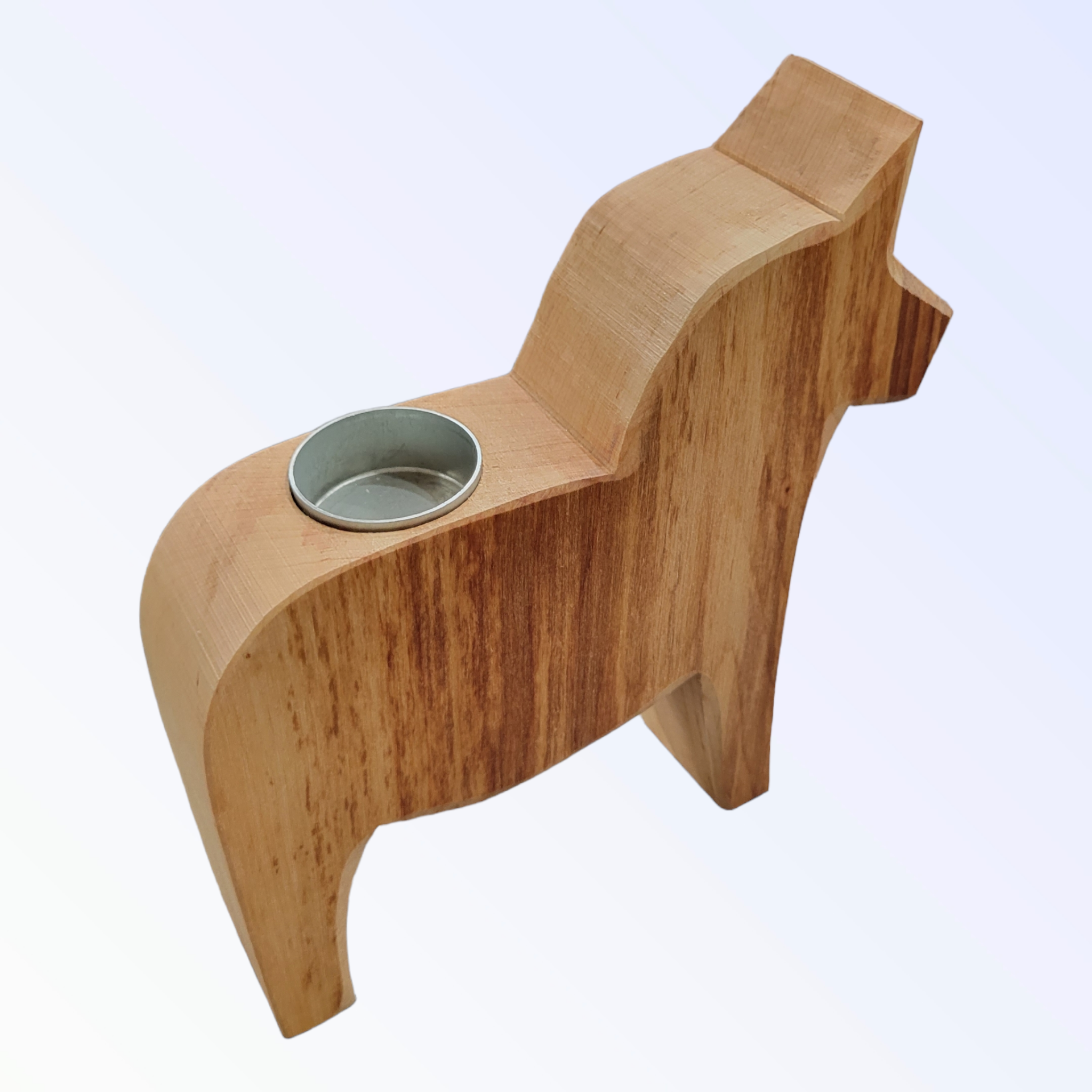 The 8” Dala Horse Tea Light Candle Holder is a handcrafted wooden piece, featuring a horse-shaped design with a metal cup insert for holding tea candles, inspired by the traditional Dala Horse motif.