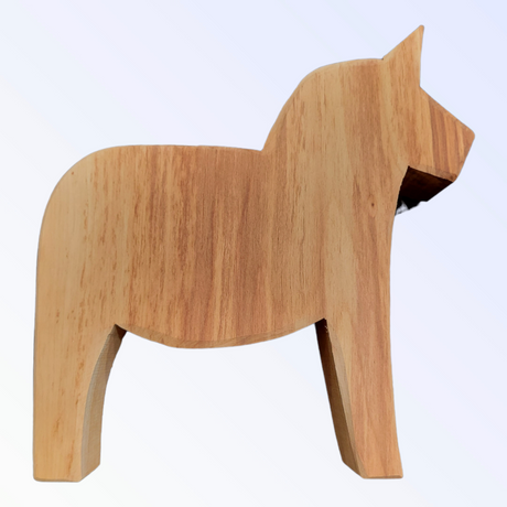 The Wood Dala Horse Tea Light Candle Holder, made of natural pine and 8" tall, features a minimalist Swedish-inspired design and stands elegantly on a light background.