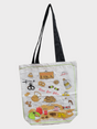 Introducing the Tote: Fika Shopping Tote, a textile bag adorned with whimsical cartoon designs of Swedish fika essentials such as coffee pots, pastries, and cups. The tote features the phrases "Swedish Fika" and "Time for Fika," set against a white background and complemented by black handles.